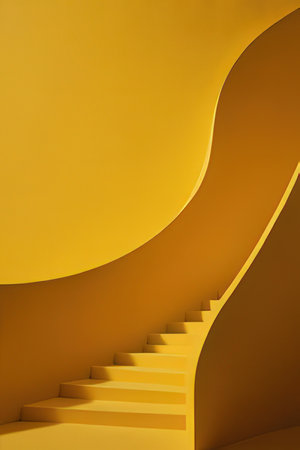 Abstract 3d render of stairs leading up to the yellow wall.の素材