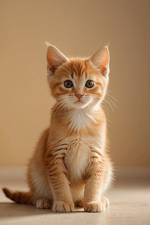 Cute ginger kitten sitting on the floor and looking at the cameraの素材
