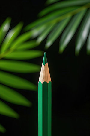 Green pencil on a black background with palm leavesの素材