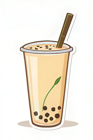 Illustration of a glass of bubble tea with a straw on a white backgroundの素材