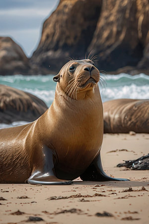 California sea lion (Zalophus californianus) on the beachの素材