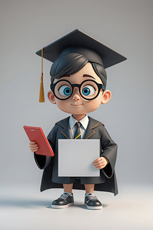 3d illustration of a boy in graduation cap holding a blank boardの素材