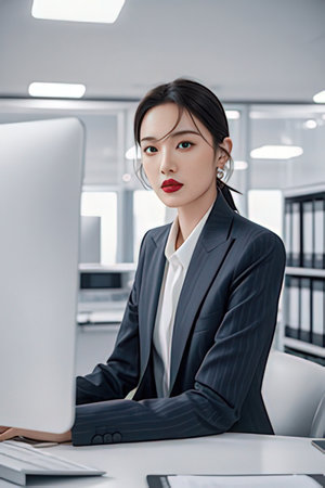 attractive asian businesswoman looking at camera while sitting at workplace in officeの素材