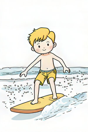 boy surfing on the waves on a white background, vector illustration.の素材