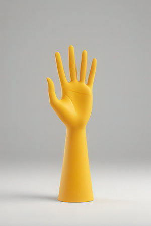 Yellow rubber hand on a gray background. 3d render illustration.の素材
