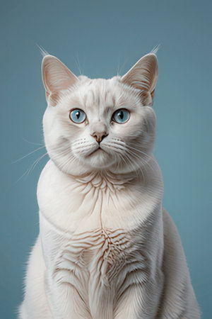 Portrait of a white cat with blue eyes on a blue backgroundの素材