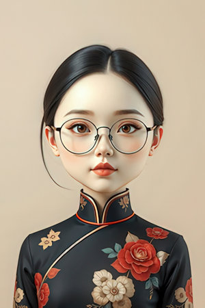 3d illustration of a beautiful asian woman in glasses with flowersの素材