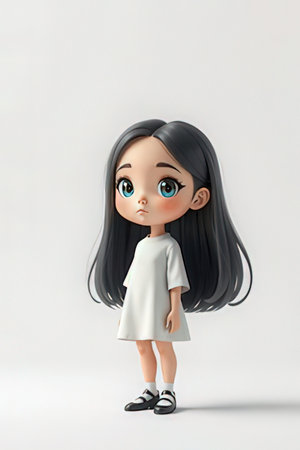 3d illustration of a cute little girl with long black hair.の素材