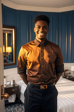 Handsome african american man in suit posing in hotel roomのeditorial素材