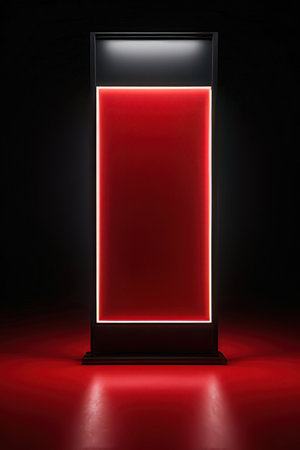 Stand for exhibit on black background. 3D rendering. Red light.の素材