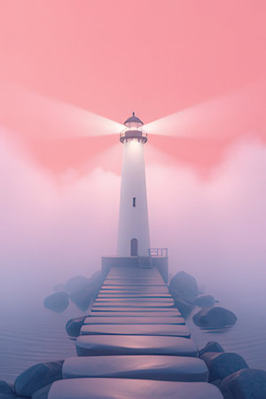 Lighthouse on the sea in foggy morning. 3d renderingの素材