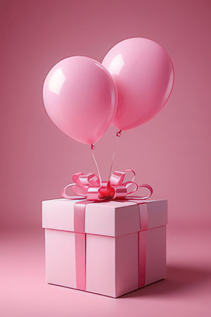 Pink gift box with ribbon and balloons on pink background. 3d renderの素材