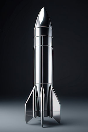 3d rendering of a rocket on a black background with shadow.の素材