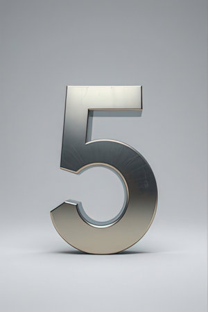 Volumetric glossy metal number 5 isolated on white background. 3d rendered font.の素材