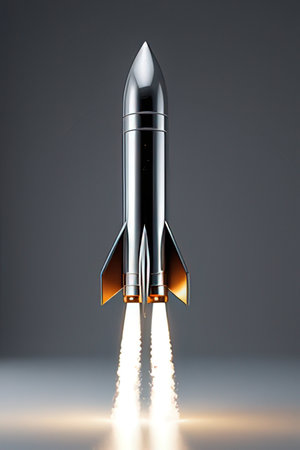 3D rendering of a space rocket on a gray background with copy spaceの素材