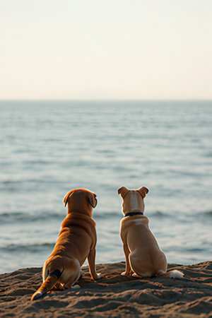 Two dogs playing on the beach in the evening at sunset. Shallow depth of field.の素材
