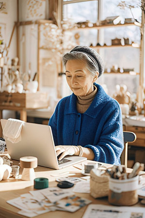 Elderly woman working on a laptop in a pottery workshopのeditorial素材