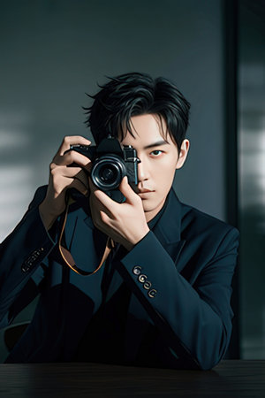 Portrait of a handsome asian man in black suit holding a camera.のeditorial素材