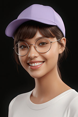 Portrait of beautiful smiling woman in cap and glasses on dark backgroundの素材