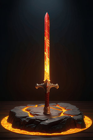 Fiery sword on a dark background. 3d rendering. Computer digital drawing.の素材