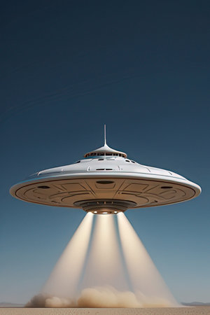 UFO flying in the blue sky. 3D rendering. Flying saucer.の素材