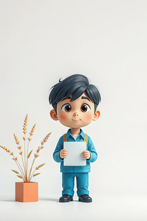 3d illustration, cute little boy standing and holding a blank cardの素材