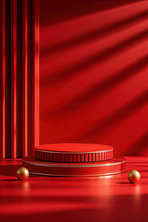 Red podium on red curtain background. 3d render. Award ceremony concept.の素材