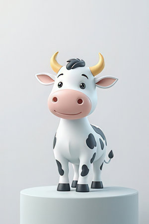 Cute cartoon cow on a white pedestal. 3d renderingの素材