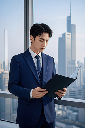 Businessman reading a book in the office. Asian man in blue suit.のeditorial素材