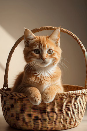 Cute ginger kitten in wicker basket on light background, closeupの素材