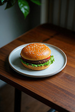 Hamburger on a white plate on a wooden table in a cafeの素材