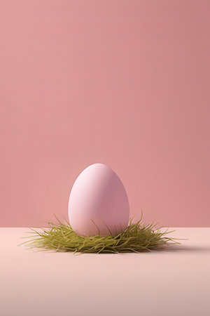 Pink easter egg in a nest of grass on a pink backgroundの素材