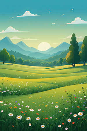Beautiful summer landscape with meadow and mountains. Vector illustration.の素材