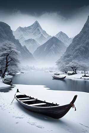 Fantasy landscape with boat on the lake. 3D illustration.の素材