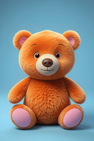 Cute teddy bear sitting on blue background, 3d renderingの素材