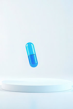 Blue capsule on white pedestal. 3D illustration, 3D renderingの素材