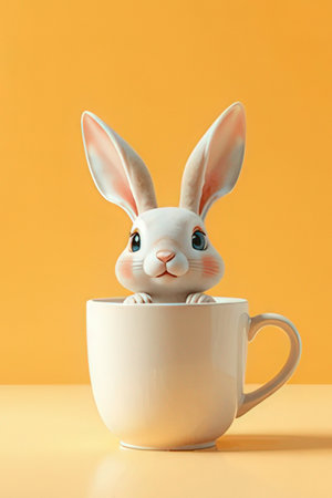 Easter bunny in a cup of coffee on a yellow background.の素材