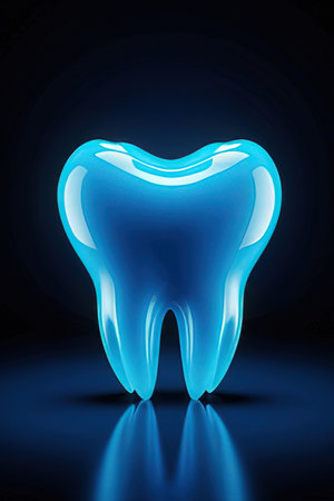 Blue tooth on black background, 3d render, square image.の素材