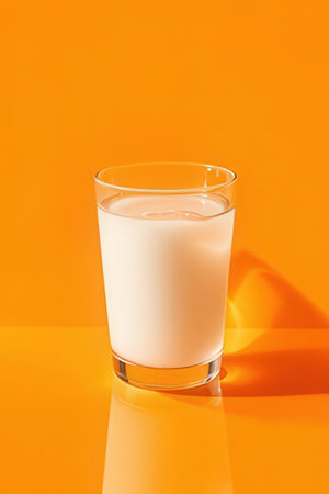 Glass of fresh milk on orange background with hard light and shadow.の素材