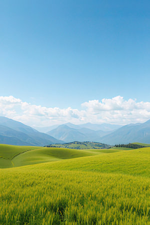 Beautiful landscape with green meadow and blue skyの素材