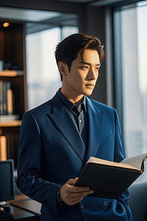 handsome young businessman in suit holding notebook and looking at camera in officeのeditorial素材