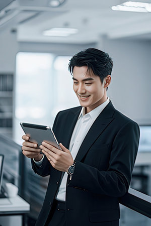 smiling asian businessman using digital tablet in office, business conceptのeditorial素材