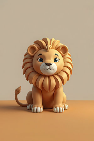 3d illustration of a cute cartoon lion sitting on the floor.の素材