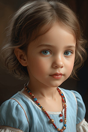 Portrait of a little girl in a blue dress with beads.の素材