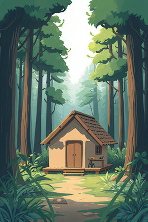 Wooden house in the forest. Vector illustration. Cartoon style.の素材