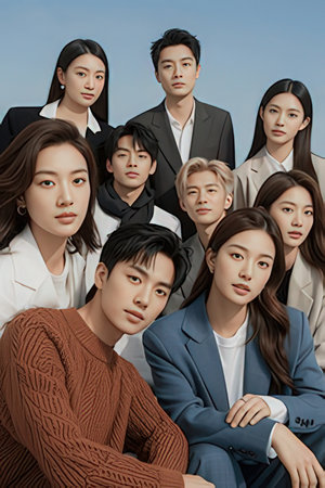 Group of young asian business people standing together and looking at cameraの素材