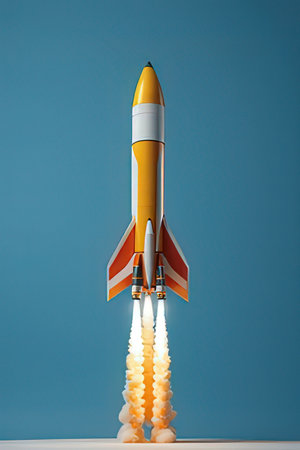 Rocket taking off from the ground. Conceptual image of business success.の素材