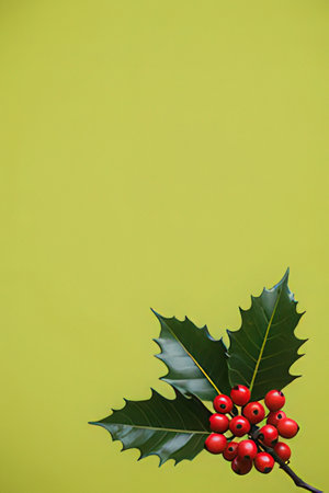 Holly with green leaves and red berries on a yellow background.の素材