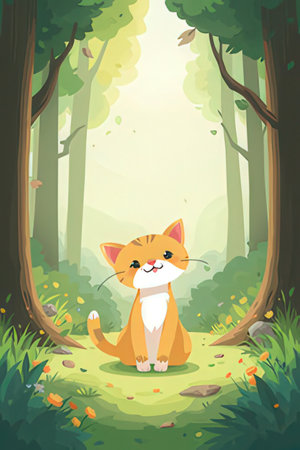 Cute cartoon cat sitting in the forest. Vector illustration of a cute cat.の素材