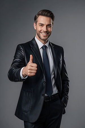 smiling businessman showing thumbs up and looking at camera isolated on grayのeditorial素材